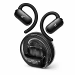 Soundcore V40i earbuds with ear hooks beside round charging case