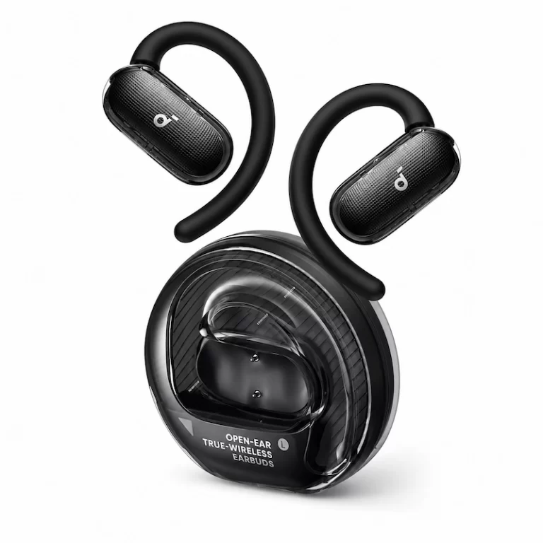 Soundcore V40i earbuds with ear hooks beside round charging case