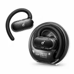 Soundcore V40i open-ear earbud close-up beside true-wireless charging case
