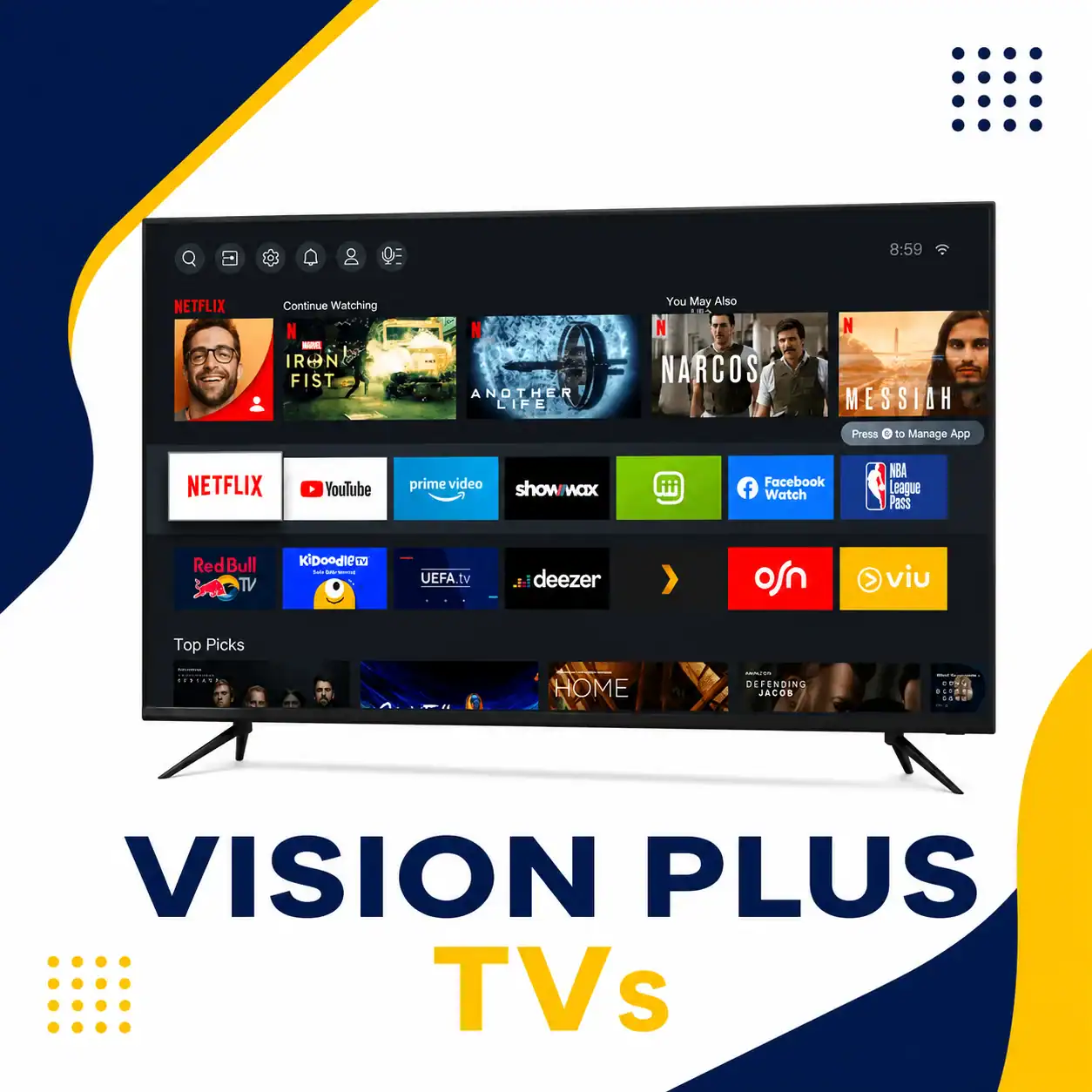 Vision Plus TVs category thumbnail featuring smart television streaming interface